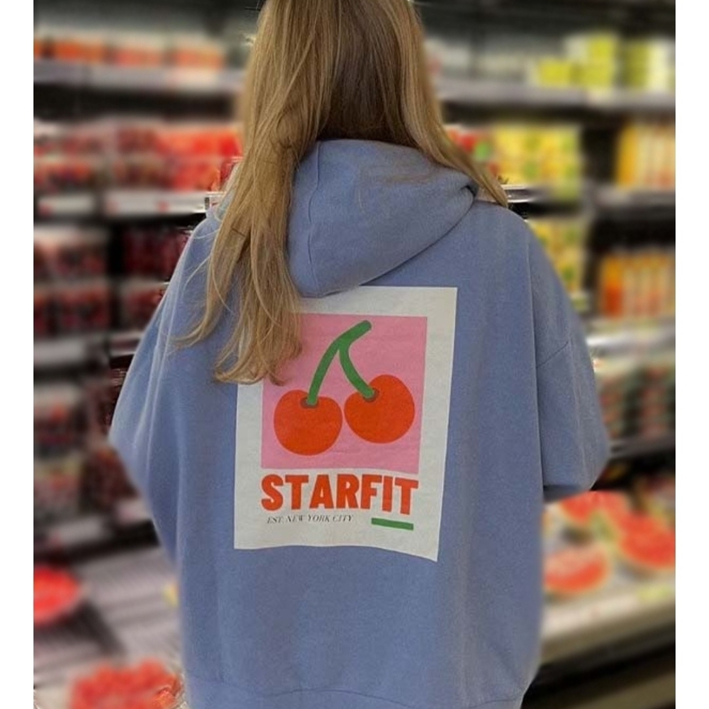 Oversized Sky Blue Cherry Bomb Hoodie Large Comfort Fall Fashion Back To School